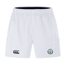 The Woodlands Youth Advantage Short 2.0 by EMB Canterbury features an elastic waistband, two side pockets, a black logo on the left leg, and a green/white emblem on the right. Perfect sustainable athletic shorts for active kids.