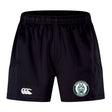 Woodlands Youth Advantage Short 2.0 by EMB Canterbury features sustainable fabric, the Canterbury logo on the left leg, and a Woodlands Rugby paw print badge on the right leg.