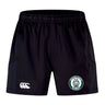 Woodlands Youth Advantage Short 2.0 by EMB Canterbury features sustainable fabric, the Canterbury logo on the left leg, and a Woodlands Rugby paw print badge on the right leg.