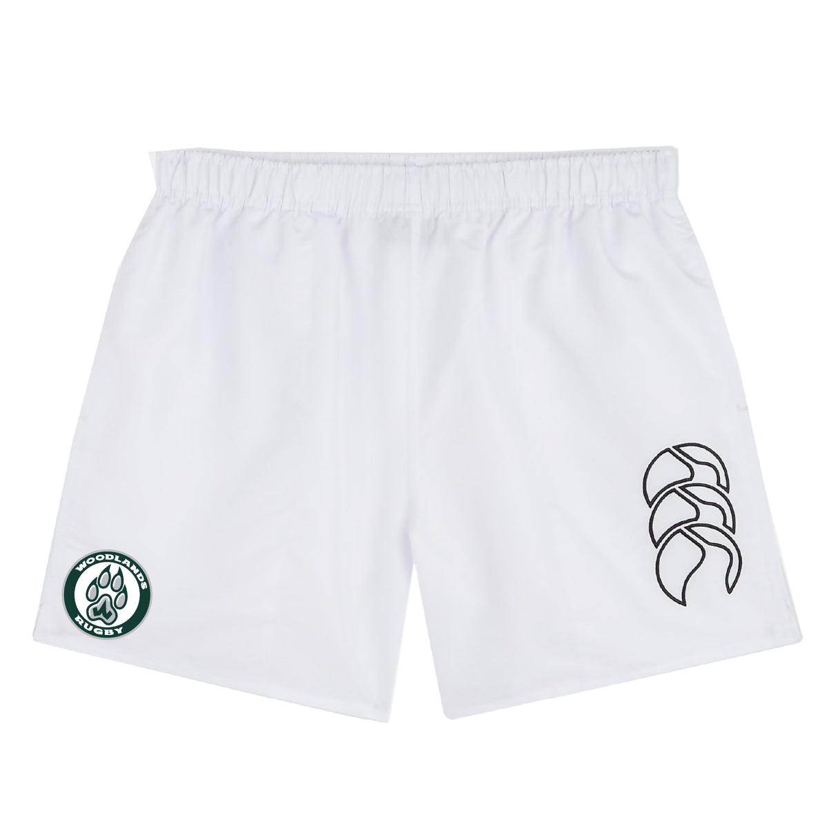The Woodlands Youth Tactic Short by EMB Canterbury features an elastic waistband, a bold black EMB Canterbury logo on the right leg, and a green "Woodley Rugby" paw print badge on the left—ideal for youth rugby or gym training.