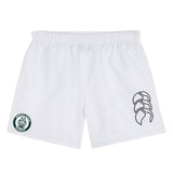 The Woodlands Youth Tactic Short by EMB Canterbury features an elastic waistband, a bold black EMB Canterbury logo on the right leg, and a green "Woodley Rugby" paw print badge on the left—ideal for youth rugby or gym training.