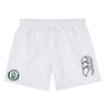 The Woodlands Youth Tactic Short by EMB Canterbury features an elastic waistband, a bold black EMB Canterbury logo on the right leg, and a green "Woodley Rugby" paw print badge on the left—ideal for youth rugby or gym training.