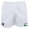 The Woodlands Youth Professional Polyester Rugby Short by EMB Canterbury features the Canterbury logo on the left leg and a circular paw print "Rugby" logo on the right leg.
