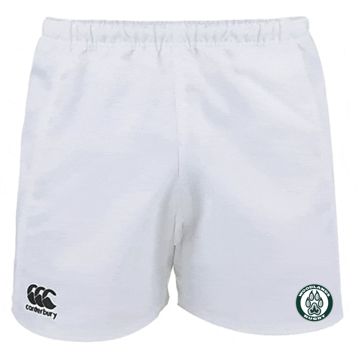 Woodlands Youth Advantage Rugby Shorts by EMB Canterbury feature moisture-wicking fabric, the Canterbury logo on the left leg, and a circular Woodlands Rugby badge on the right.