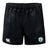 The Woodlands Youth Professional Polyester Rugby Short by EMB Canterbury features black fabric, an elastic waistband, a white Canterbury logo on the left hem, and a green and white Woodland Rugby Club badge on the right hem.