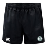 The Woodlands Youth Professional Polyester Rugby Short by EMB Canterbury features black fabric, an elastic waistband, a white Canterbury logo on the left hem, and a green and white Woodland Rugby Club badge on the right hem.