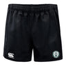 The Woodlands Youth Professional Polyester Rugby Short by EMB Canterbury features black fabric, an elastic waistband, a white Canterbury logo on the left hem, and a green and white Woodland Rugby Club badge on the right hem.