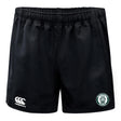 The Woodlands Youth Advantage Rugby Shorts by EMB Canterbury feature an elastic waistband, white Canterbury logo on the left leg, green and white Woodlands Rugby badge on the right leg, and moisture-wicking fabric for comfort.