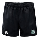 The Woodlands Youth Advantage Rugby Shorts by EMB Canterbury feature an elastic waistband, white Canterbury logo on the left leg, green and white Woodlands Rugby badge on the right leg, and moisture-wicking fabric for comfort.