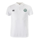 The Woodlands Youth Waimak Polo by EMB Canterbury features a classic collar, short sleeves, the CCC Waimak Rugby Polo logo on the right chest, and a green paw print on the left—ideal for young rugby fans.