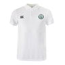 The Woodlands Youth Waimak Polo by EMB Canterbury features a classic collar, short sleeves, the CCC Waimak Rugby Polo logo on the right chest, and a green paw print on the left—ideal for young rugby fans.