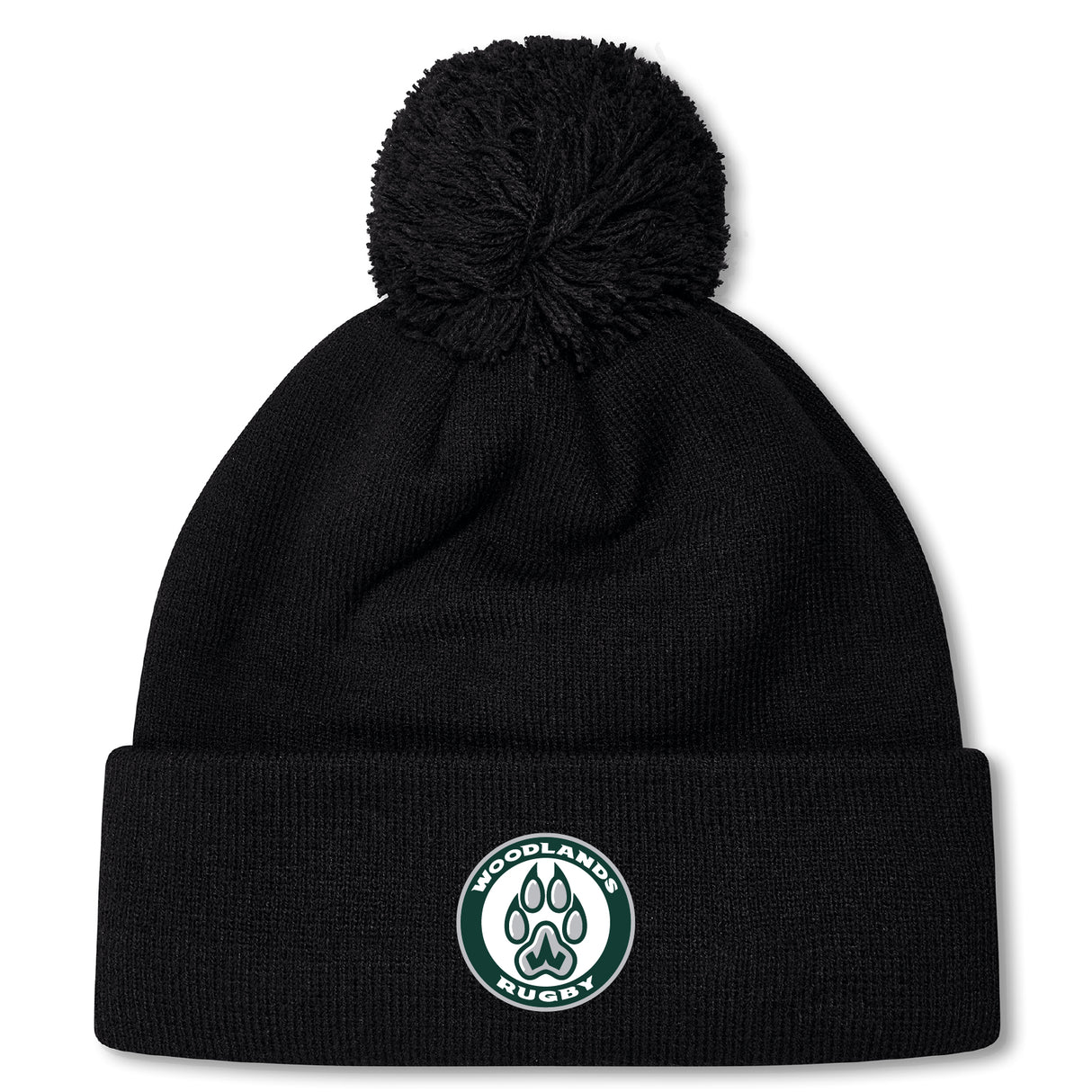 The Woodlands Youth Pom Pom Beanie by EMB Canterbury is a black, fleece-lined hat with a pom-pom and a "Woodlands Rugby" paw print logo patch—perfect for keeping warm at chilly rugby games.