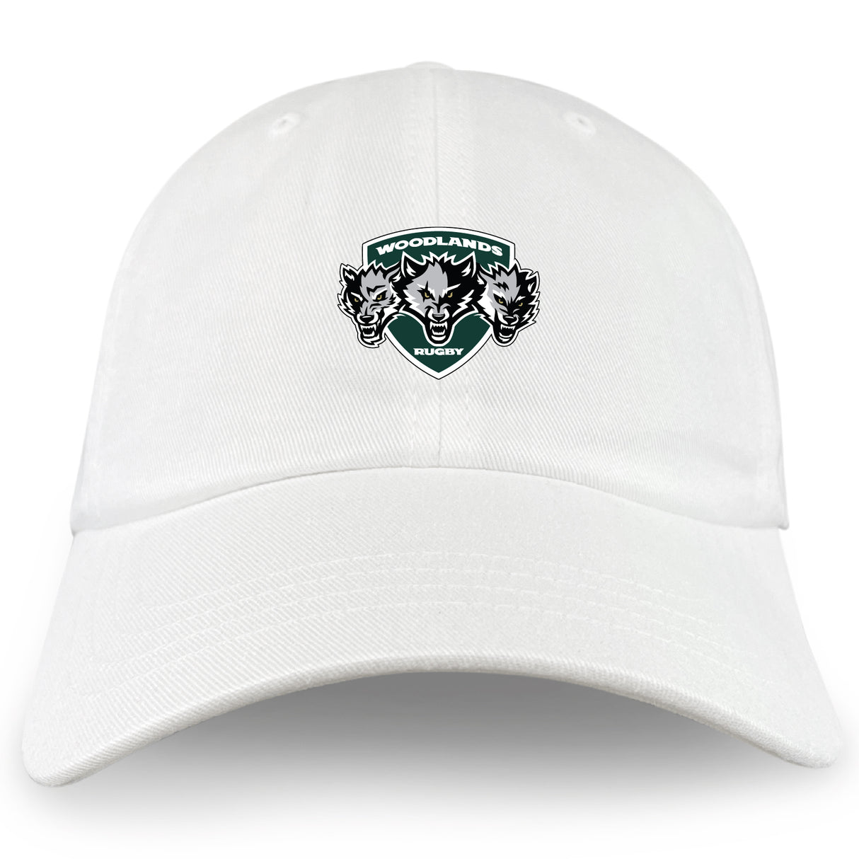 The EMB S&S Activewear Woodlands Youth Wolfpack Adult Low-Profile Cotton Twill Dad Cap features three embroidered wolf heads and the "Woodlands Rugby" logo on the front.