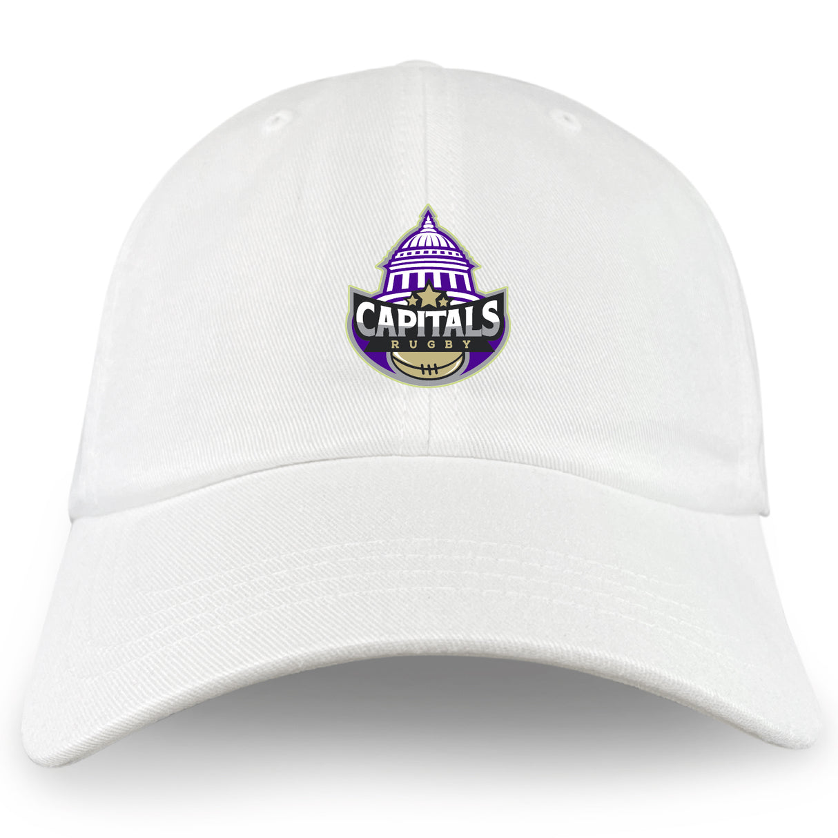 The EMB S&S Activewear Capitals Rugby NC Adult Low-Profile Cotton Twill Dad Cap in white features a "Capitals Rugby" logo with a stylized purple and black capitol building above a rugby ball, all embroidered on the front.