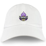 The EMB S&S Activewear Capitals Rugby NC Adult Low-Profile Cotton Twill Dad Cap in white features a "Capitals Rugby" logo with a stylized purple and black capitol building above a rugby ball, all embroidered on the front.
