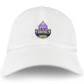 The EMB S&S Activewear Capitals Rugby NC Adult Low-Profile Cotton Twill Dad Cap in white features a "Capitals Rugby" logo with a stylized purple and black capitol building above a rugby ball, all embroidered on the front.