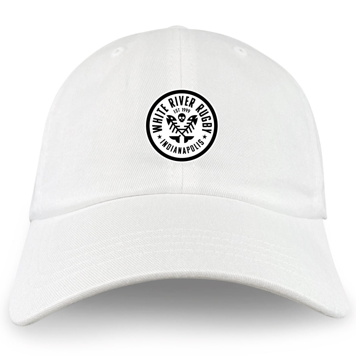 The EMB S&S Activewear White River Rugby Football Club Adult Low-Profile Cotton Twill Dad Cap features a black embroidered circular "White River Rugby Indianapolis" logo on the front.