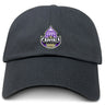 The EMB S&S Activewear Capitals Rugby NC Adult Low-Profile Cotton Twill Dad Cap is black and features a purple and gold Capitals Rugby logo with a domed building above a rugby ball, all embroidered on the front.