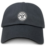 The EMB S&S Activewear White River Rugby Football Club Adult Low-Profile Cotton Twill Dad Cap is black with a white circular embroidered "White River Rugby Indianapolis" logo patch on the front.