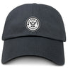 The EMB S&S Activewear White River Rugby Football Club Adult Low-Profile Cotton Twill Dad Cap is black with a white circular embroidered "White River Rugby Indianapolis" logo patch on the front.