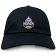 The Capitals Rugby NC Adult Low-Profile Cotton Twill Dad Cap by EMB S&S Activewear is a black cotton twill hat with purple, white, and gold "Capitals Rugby" embroidery featuring a domed building and rugby ball on the front.