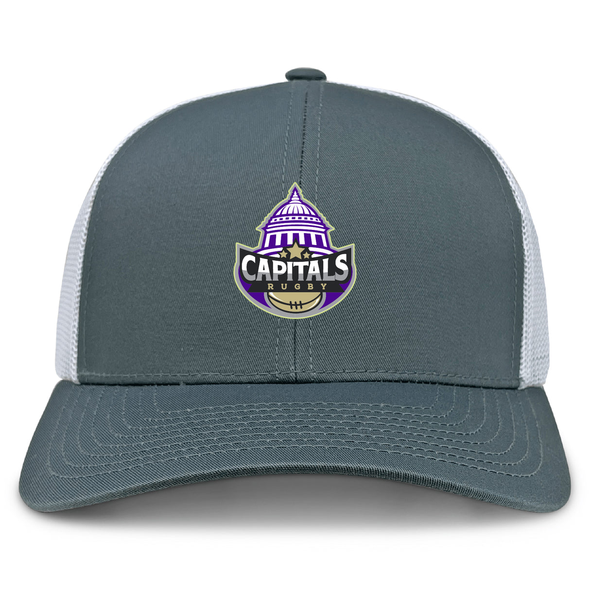 The Capitals Rugby NC Retro Trucker Cap by EMB S&S Activewear features a gray and white design, an embroidered "Capitals Rugby" logo with a stylized dome and rugby ball, and an adjustable snapback closure.