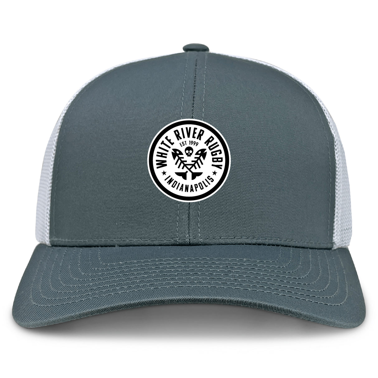 The White River Rugby Football Club Retro Trucker Cap by EMB S&S Activewear features a gray and white design, a circular embroidered front logo, and an adjustable snapback closure for comfort.