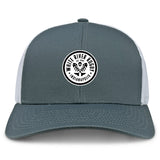 The White River Rugby Football Club Retro Trucker Cap by EMB S&S Activewear features a gray and white design, a circular embroidered front logo, and an adjustable snapback closure for comfort.