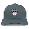 The White River Rugby Football Club Retro Trucker Cap by EMB S&S Activewear features a gray and white design, a circular embroidered front logo, and an adjustable snapback closure for comfort.