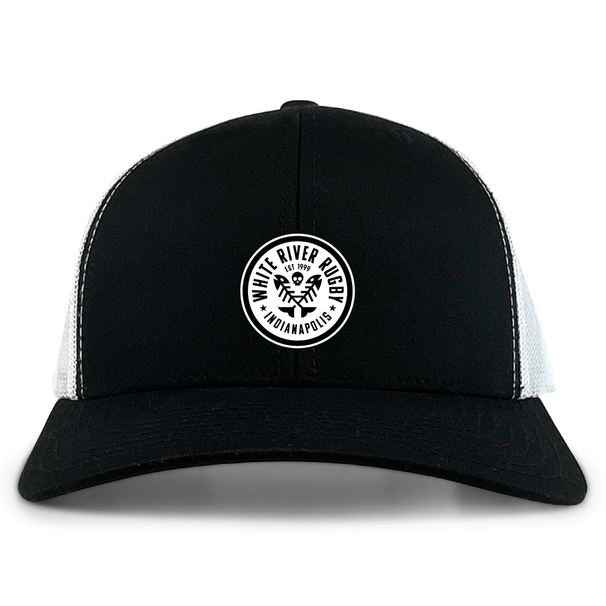 The EMB S&S Activewear White River Rugby Football Club Retro Trucker Cap features a black and white design, a circular embroidered front logo, and an adjustable snapback closure for a custom fit.