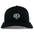 The EMB S&S Activewear Woodlands Youth Wolfpack Retro Trucker Cap features a black and white design with mesh back, an embroidered three-wolf "Woodlands Rugby" logo on the front, and an adjustable snapback closure.