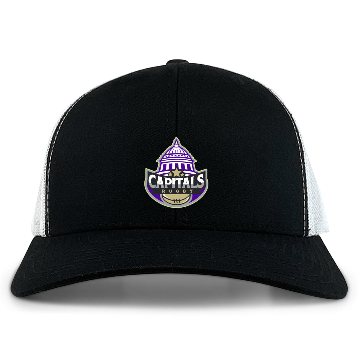 The Capitals Rugby NC Retro Trucker Cap by EMB S&S Activewear features a black and white design, purple and white embroidered "Capitals Rugby" logo with dome graphic on the front, plus an adjustable snapback closure.