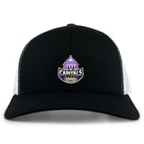 The Capitals Rugby NC Retro Trucker Cap by EMB S&S Activewear features a black and white design, purple and white embroidered "Capitals Rugby" logo with dome graphic on the front, plus an adjustable snapback closure.
