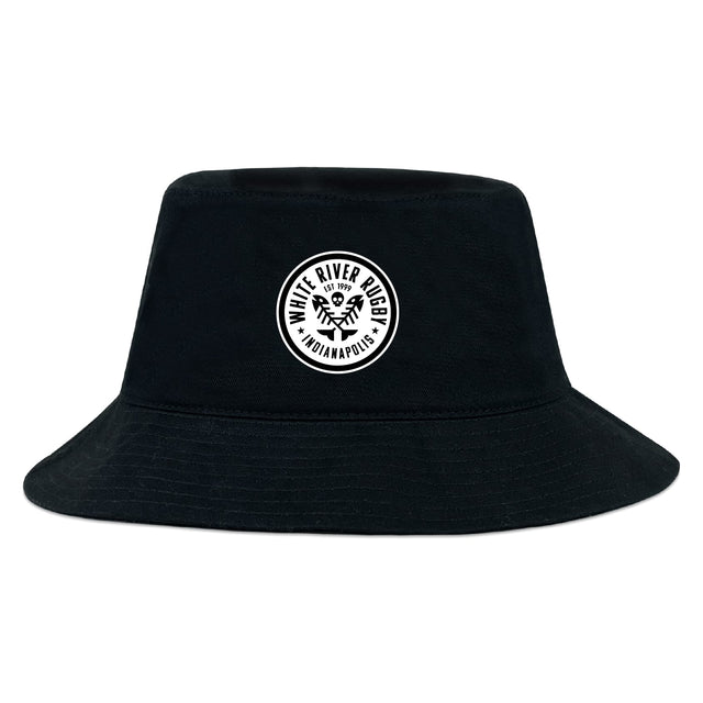 The White River Rugby Football Club Crusher Bucket Cap by EMB S&S Activewear features a circular logo with two rugby players—perfect for stylish sun protection.