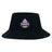 The Capitals Rugby NC Crusher Bucket Cap by EMB S&S Activewear is a black cotton twill hat featuring a purple and white "Capitals Rugby" logo with a stylized capitol building and rugby ball on the front—ideal for sun protection.