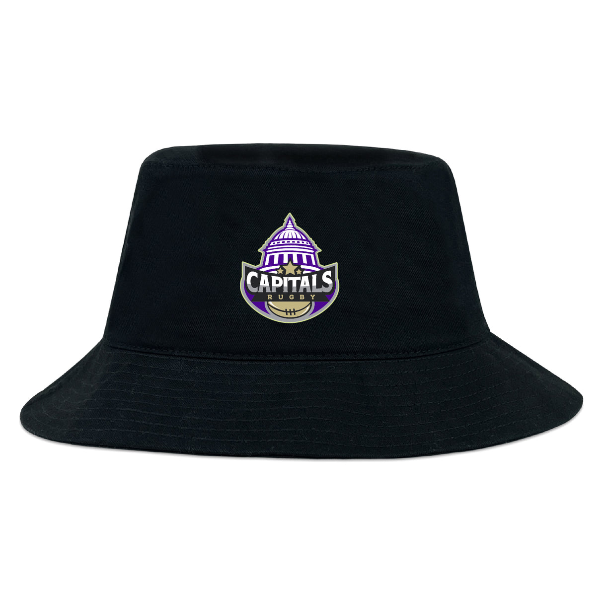 The Capitals Rugby NC Crusher Bucket Cap by EMB S&S Activewear is a black cotton twill hat featuring a purple and white "Capitals Rugby" logo with a stylized capitol building and rugby ball on the front—ideal for sun protection.