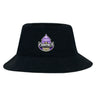 The Capitals Rugby NC Crusher Bucket Cap by EMB S&S Activewear is a black cotton twill hat featuring a purple and white "Capitals Rugby" logo with a stylized capitol building and rugby ball on the front—ideal for sun protection.