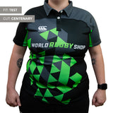 A woman wears the Teamatical Canterbury Elite Full Custom Sublimated Jersey, featuring black, green, and gray colors with "World Rugby Shop" text; labeled "Fit: Test" and "Cut: Centenary.