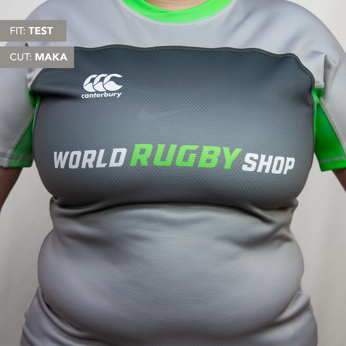 A person is wearing a gray and green Teamatical Canterbury Elite Full Custom Sublimated Jersey - Women's; corner text reads "Fit: Test" and "Cut: Maka.