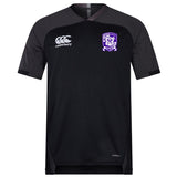 This black and dark grey short-sleeve Winona State University Vapodri Evader Jersey by EMB Canterbury showcases a purple and white crest along with the Canterbury logo on the chest. Crafted with moisture-wicking technology, it is ideal for keeping you comfortable during your intense workouts.