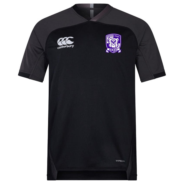 This black and dark grey short-sleeve Winona State University Vapodri Evader Jersey by EMB Canterbury showcases a purple and white crest along with the Canterbury logo on the chest. Crafted with moisture-wicking technology, it is ideal for keeping you comfortable during your intense workouts.