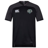 The Woodlands Youth Wolfpack Vapodri Evader Jersey by EMB Canterbury features black and dark grey colors, short sleeves, a brand logo on the right chest, team crest on the left, and moisture-wicking fabric for comfort during play.