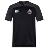The Capitals Rugby NC Vapodri Evader Jersey by EMB Canterbury is a black short-sleeve jersey with moisture-wicking tech, Canterbury logo on the right chest, and a purple "Capitals" logo on the left.