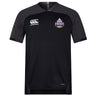 The Capitals Rugby NC Vapodri Evader Jersey by EMB Canterbury is a black short-sleeve jersey with moisture-wicking tech, Canterbury logo on the right chest, and a purple "Capitals" logo on the left.