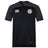 A black White River Rugby Football Club Vapodri Evader Jersey by EMB Canterbury features dark gray shoulders, a round neck, moisture-wicking tech, and Canterbury with club logos on the chest for a sleek, athletic look.
