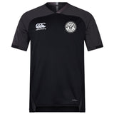 A black White River Rugby Football Club Vapodri Evader Jersey by EMB Canterbury features dark gray shoulders, a round neck, moisture-wicking tech, and Canterbury with club logos on the chest for a sleek, athletic look.