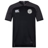 A black White River Rugby Football Club Vapodri Evader Jersey by EMB Canterbury features dark gray shoulders, a round neck, moisture-wicking tech, and Canterbury with club logos on the chest for a sleek, athletic look.