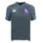 The gray Winona State University Vapodri Evader Jersey by EMB Canterbury boasts short sleeves, a Canterbury logo, and a badge displaying a purple and white emblem on the chest. Equipped with moisture-wicking technology, it provides both comfort and performance on the field.