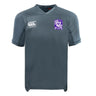 The gray Winona State University Vapodri Evader Jersey by EMB Canterbury boasts short sleeves, a Canterbury logo, and a badge displaying a purple and white emblem on the chest. Equipped with moisture-wicking technology, it provides both comfort and performance on the field.