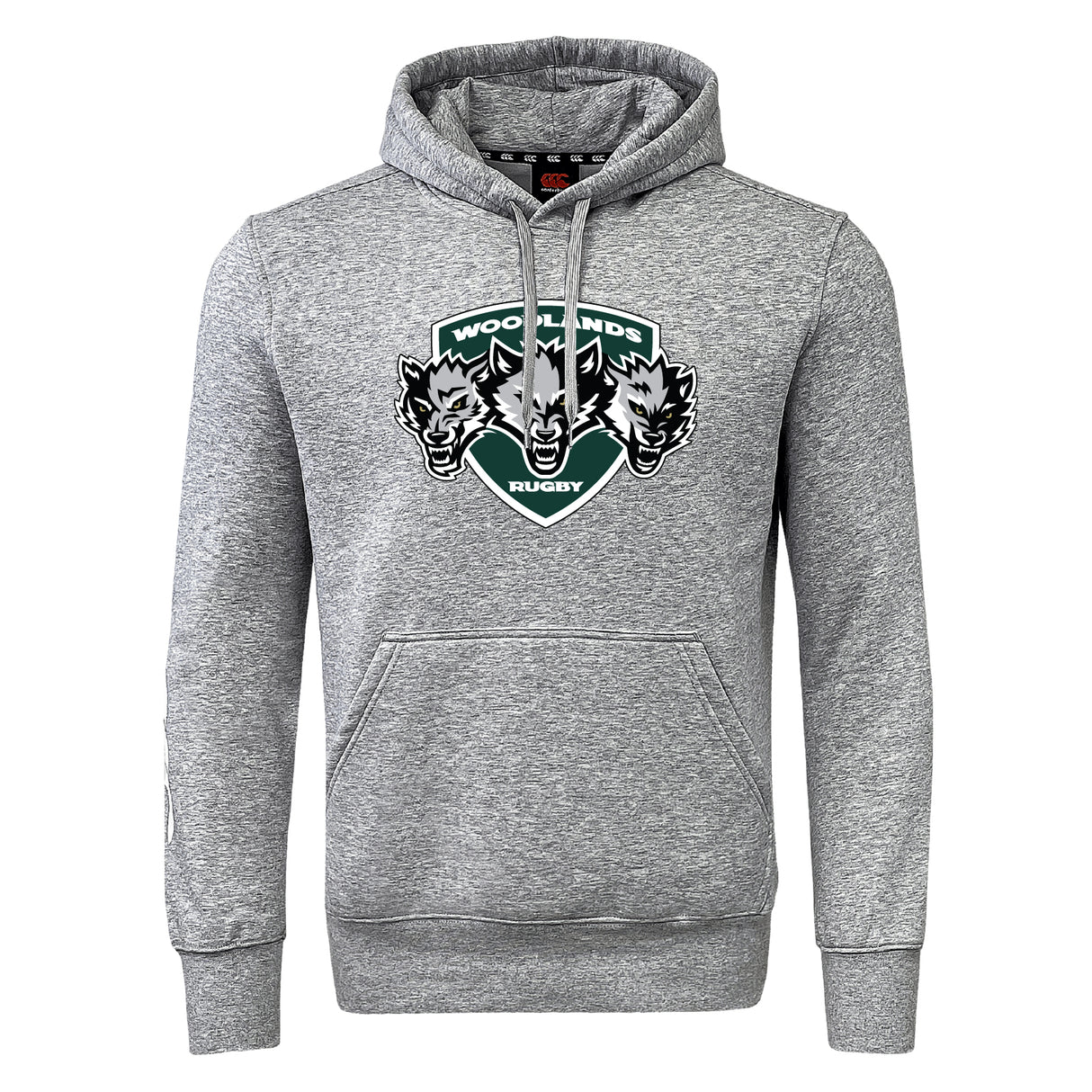 The Woodlands Youth Wolfpack Club Hoodie by WRS Canterbury features a gray design with a front pocket and "Woodlands Rugby" logo with three wolf heads—a classic choice for showing team spirit.